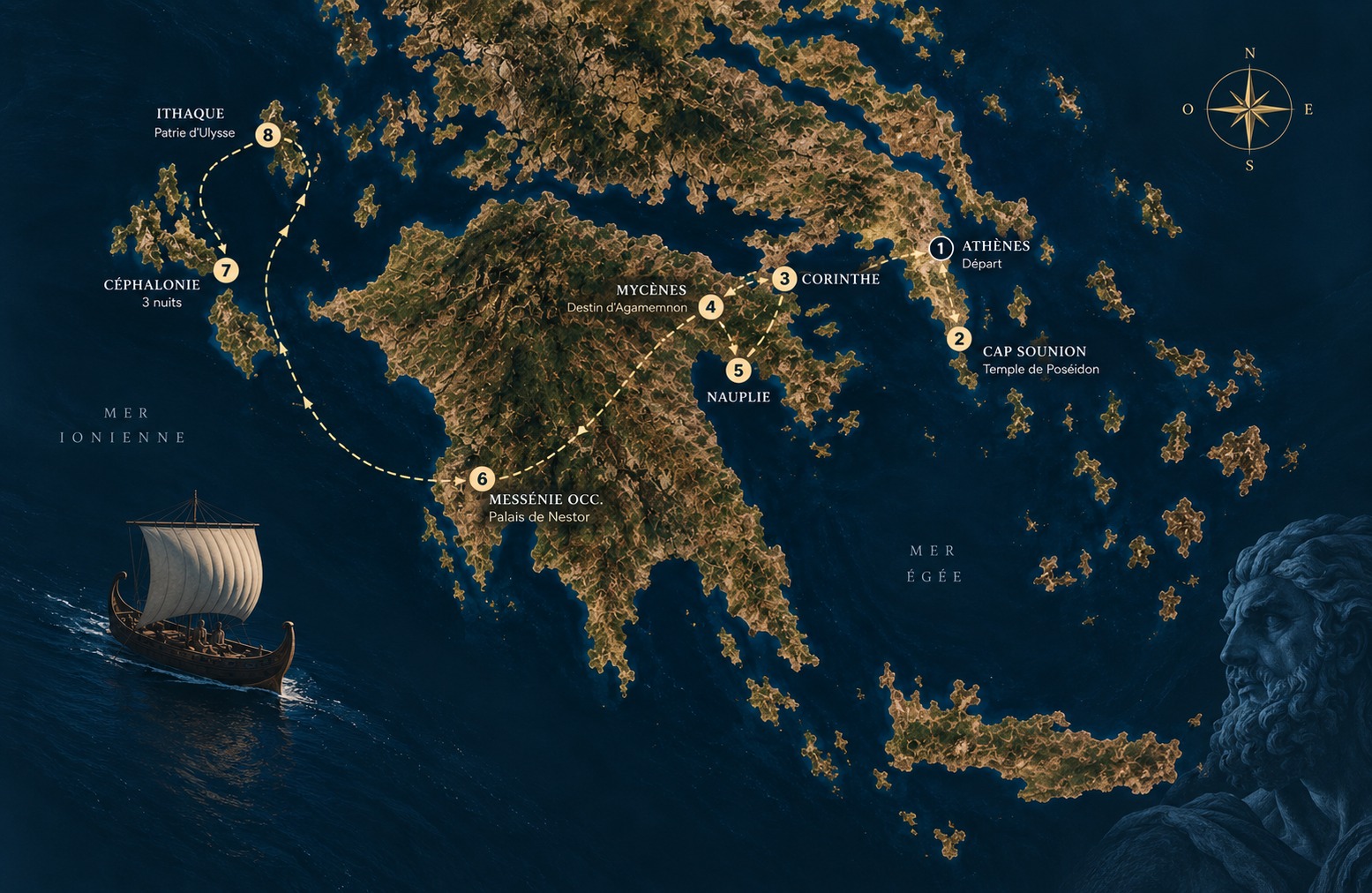 Carte illustrée de l'itinéraire, d'Athènes au Péloponnèse jusqu'à Céphalonie et Ithaque