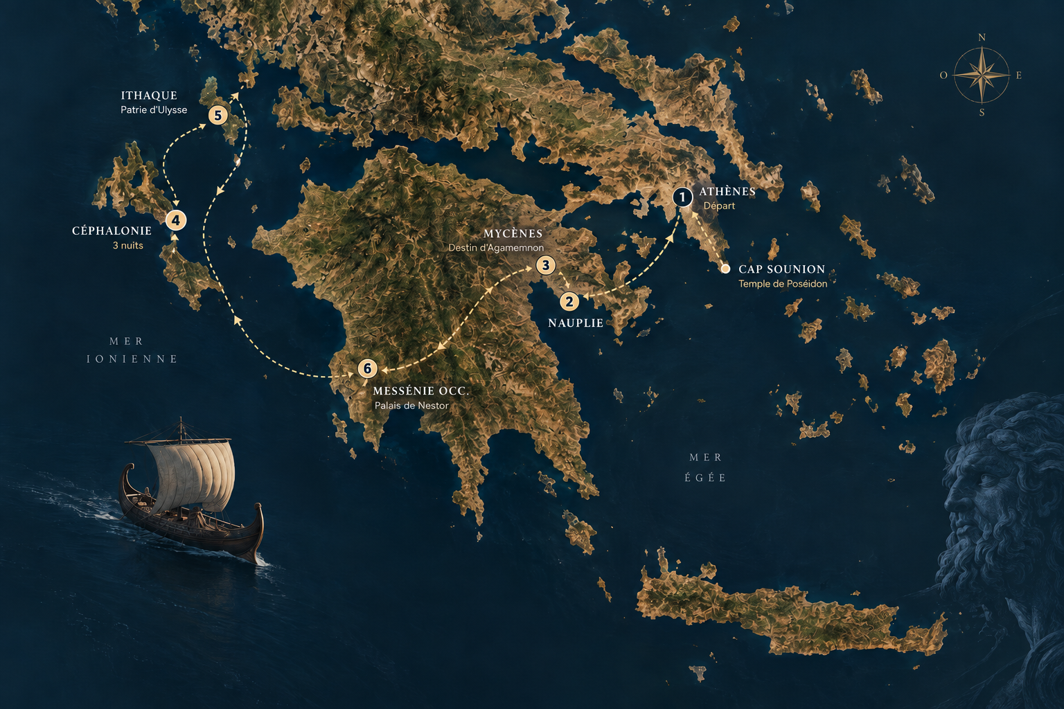 Carte illustrée de l'itinéraire, d'Athènes au Péloponnèse jusqu'à Céphalonie et Ithaque, avec retour à Athènes